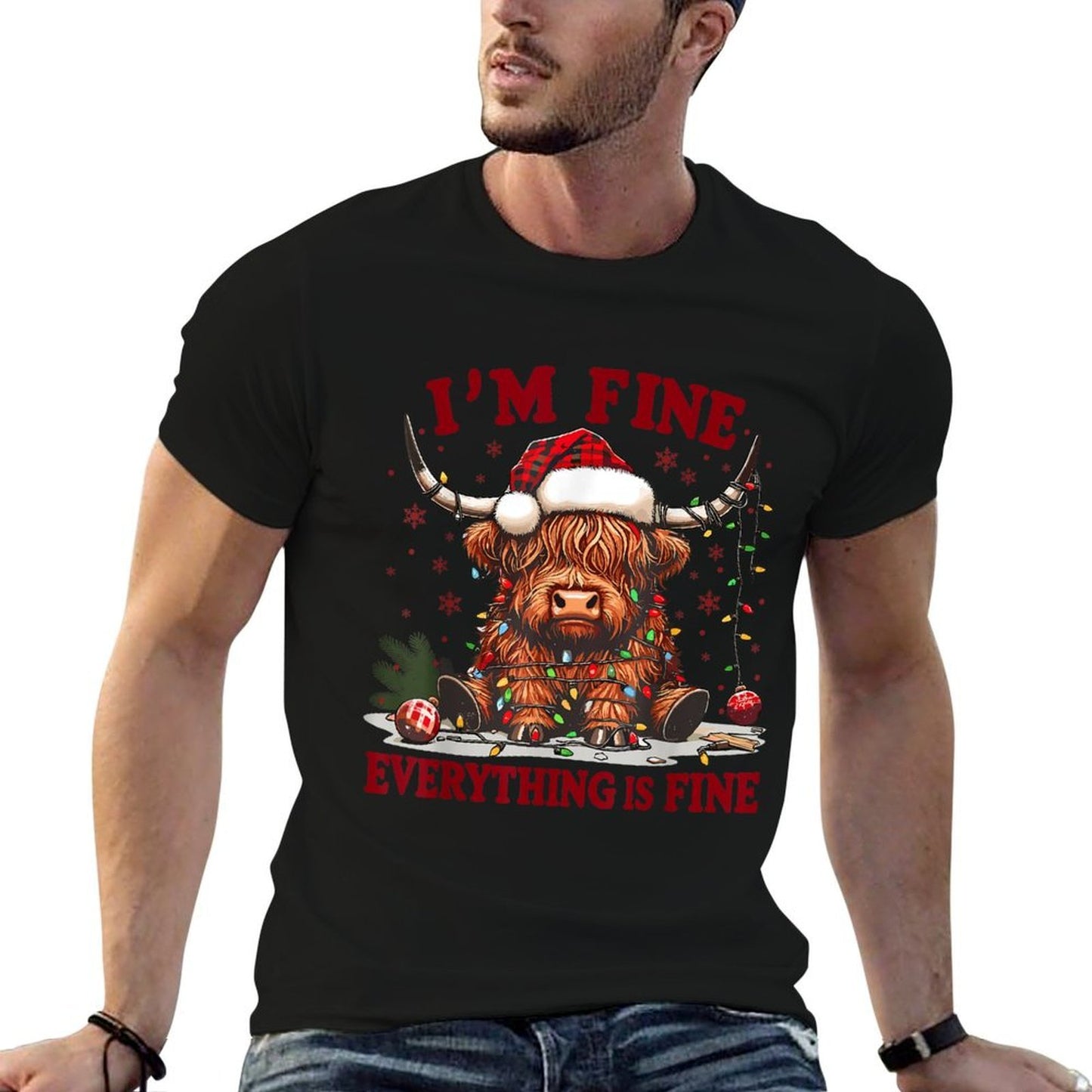 Im Fine Everything Is Fine Funny Christmas Highland Cow  Rolled Sleeves T-Shirt