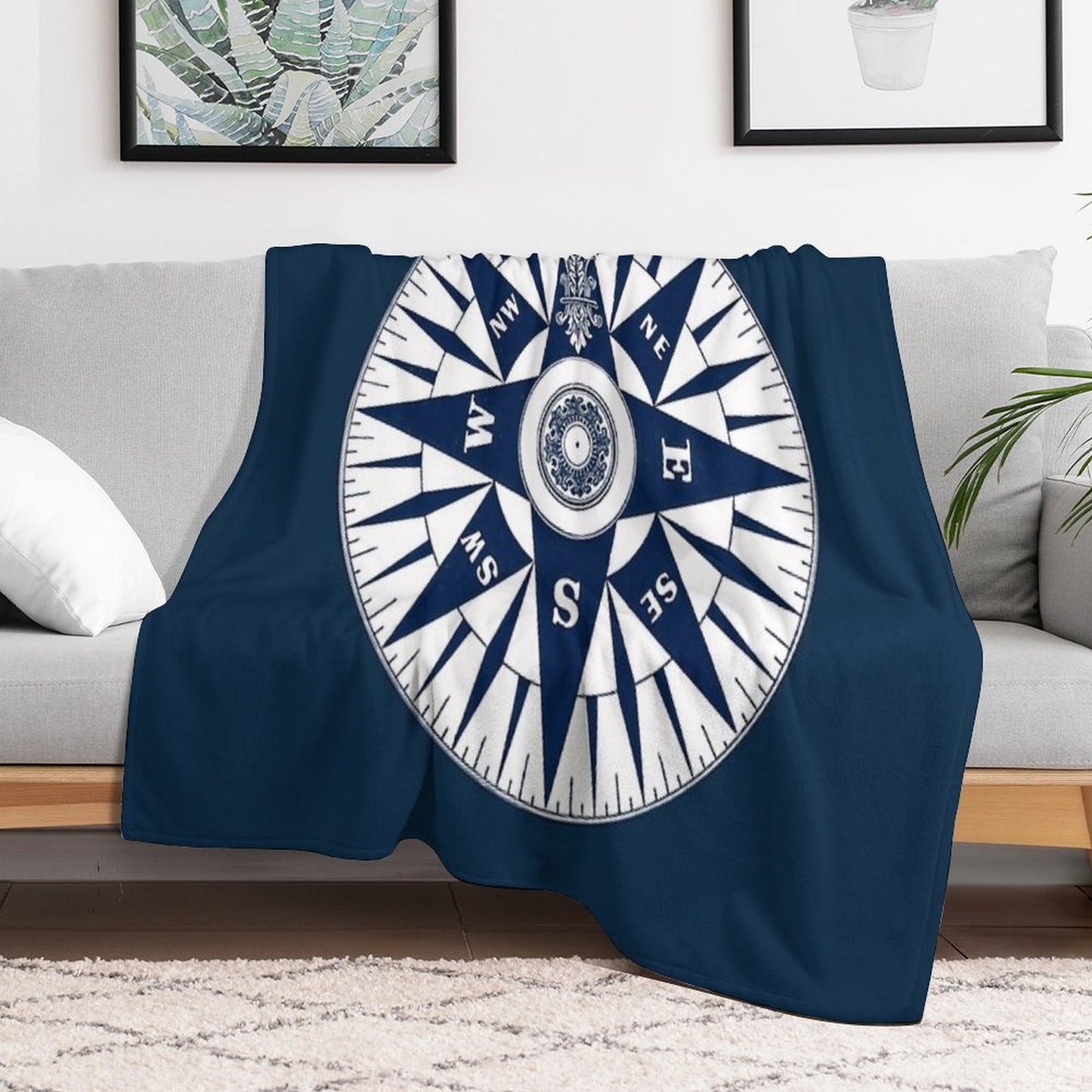 Ornate Vintage Nautical Compass on Navy Blue Premium Throw Blanket