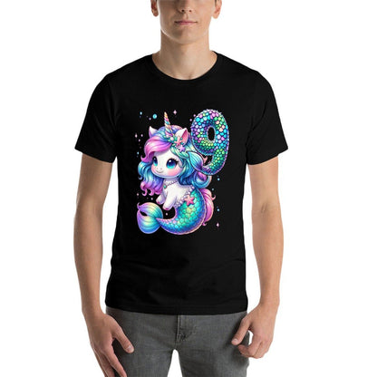 Unicorn Mermaid 9th Birthday 9 Year Old Party Girls Outfit  Summer-ready Fabric T-Shirt