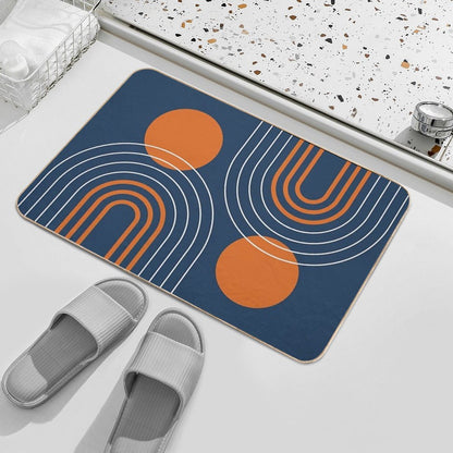 Mid Century Modern Geometric 111 in Navy Blue And Vintage Orange (Rainbow And Sun Abstraction)  Rapid-Drying Bath Mat