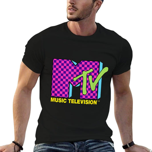 MTV Music Television Retro 80's Neon Pink Checkerboard Logo Comfortable T-Shirt