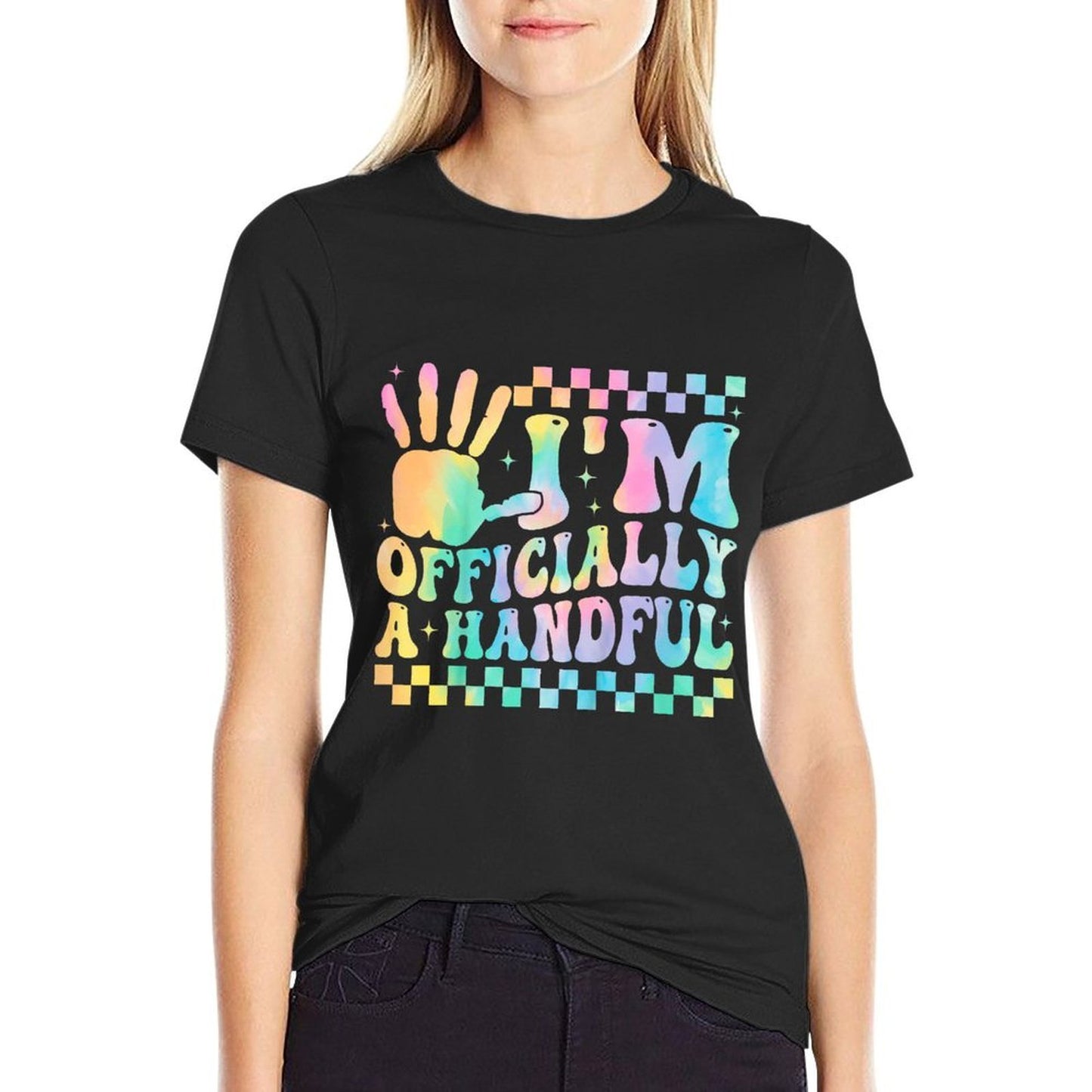 Kids I'm Officially A Handful 5th Birthday Party 5 Year Old  Ribbed Collar T-Shirt