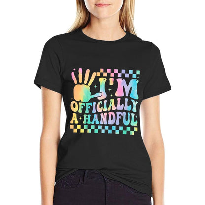 Kids I'm Officially A Handful 5th Birthday Party 5 Year Old  Ribbed Collar T-Shirt