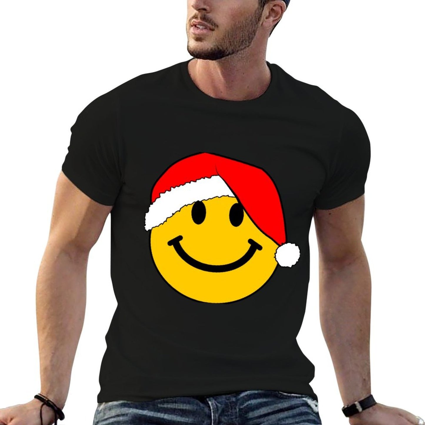 Happy Face with Christmas Santa Hat Long Sleeve Tshirt  High-quality Stitching T-Shirt