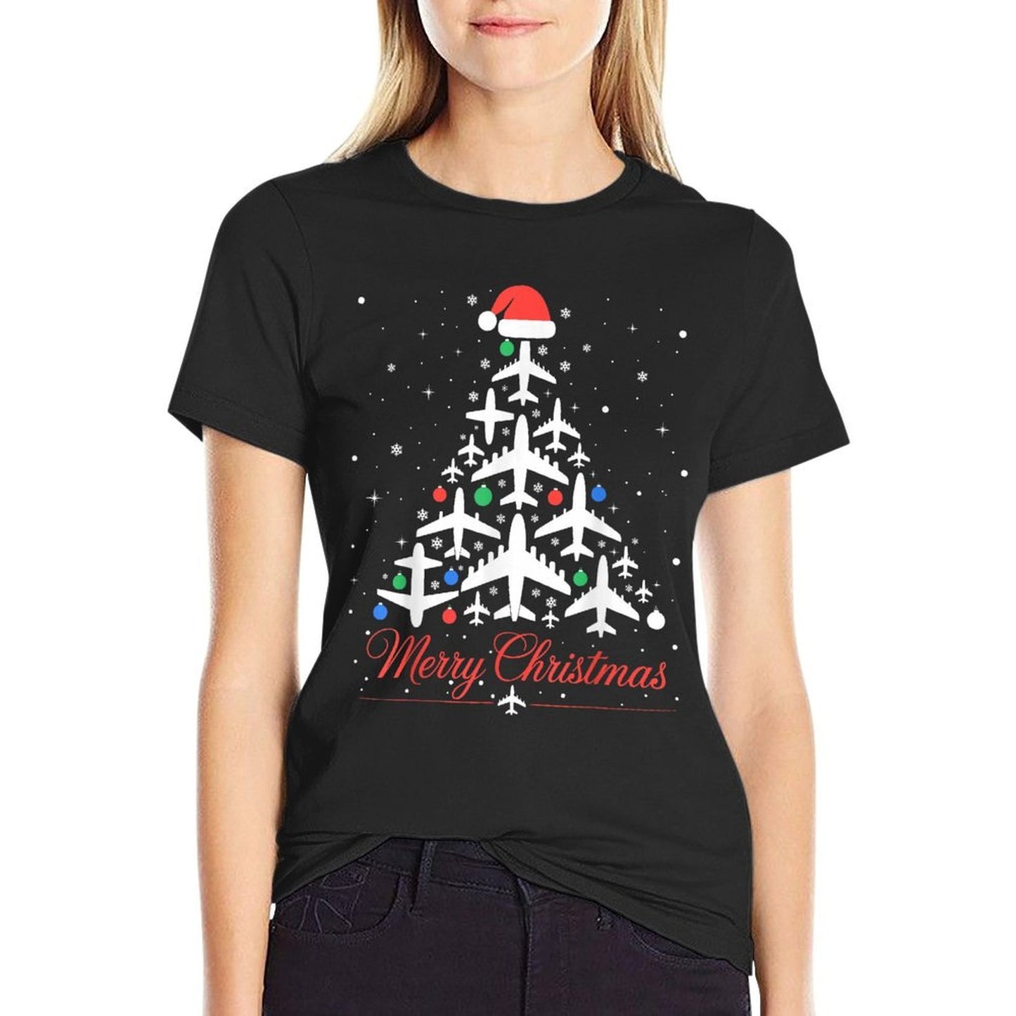 Funny Xmas Lights Ornaments Airplane Christmas Tree  Eco-friendly Material T-Shirt
