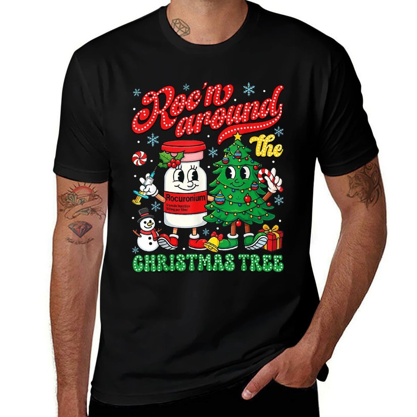 Rocn Around The Christmas Tree ER ED ICU Nurse Christmas  Stretchy T-Shirt