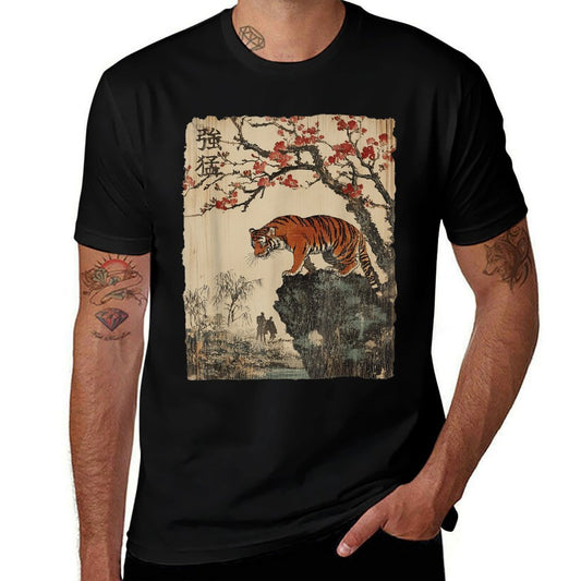Vintage Japanese Tiger with Cherry Blossoms Tree Woodblock  Polyester Blend T-Shirt