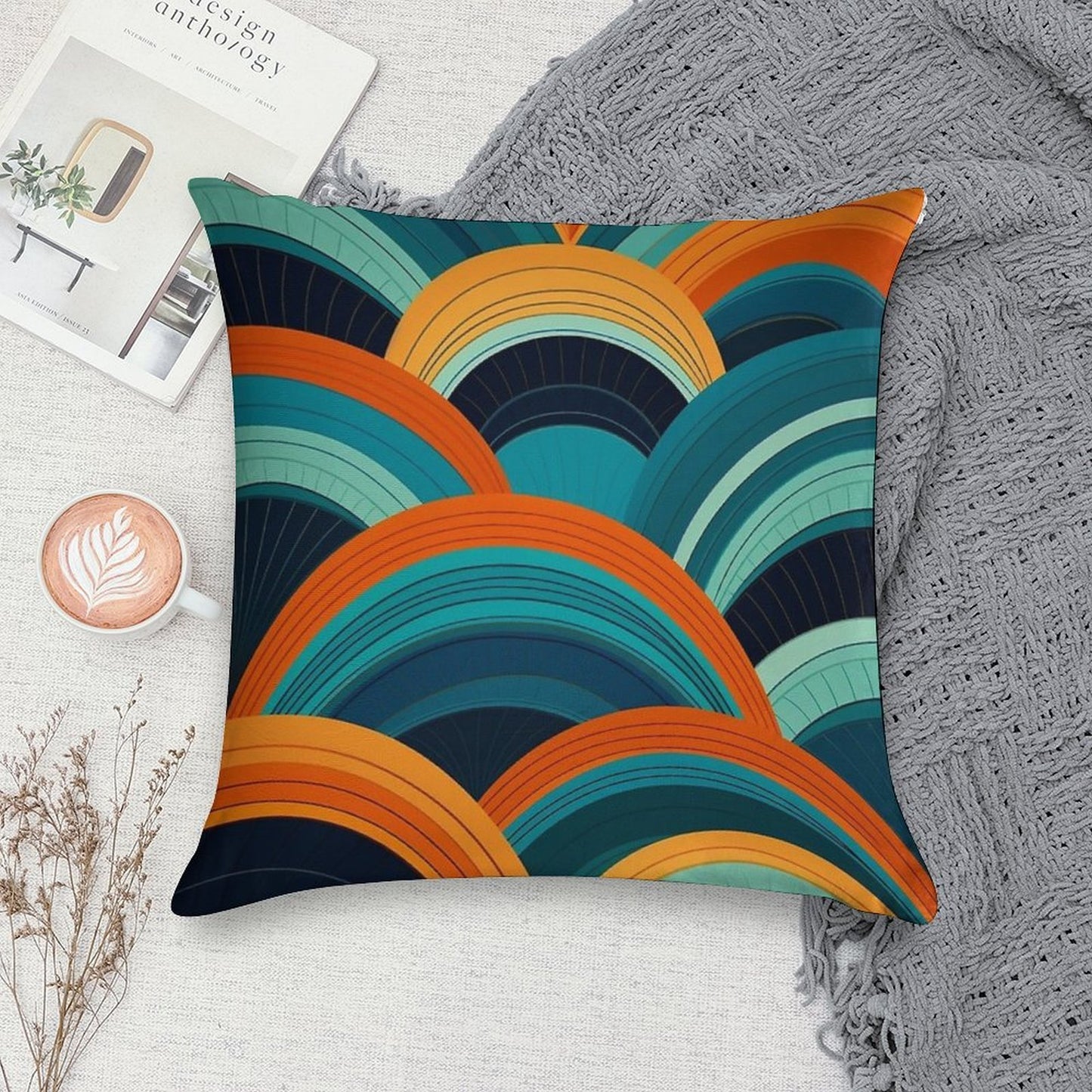Mid-Century Dreamscape Teal And Orange Curved Lines Pattern Soft Multiple Sizes Throw Pillow