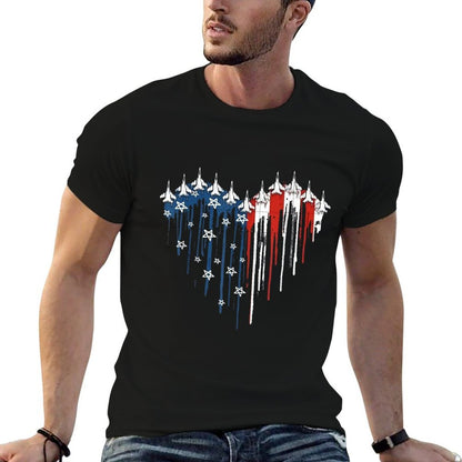 Fighter Jet Airplane American Heart 4th Of July Retro  Trendy Pattern T-Shirt
