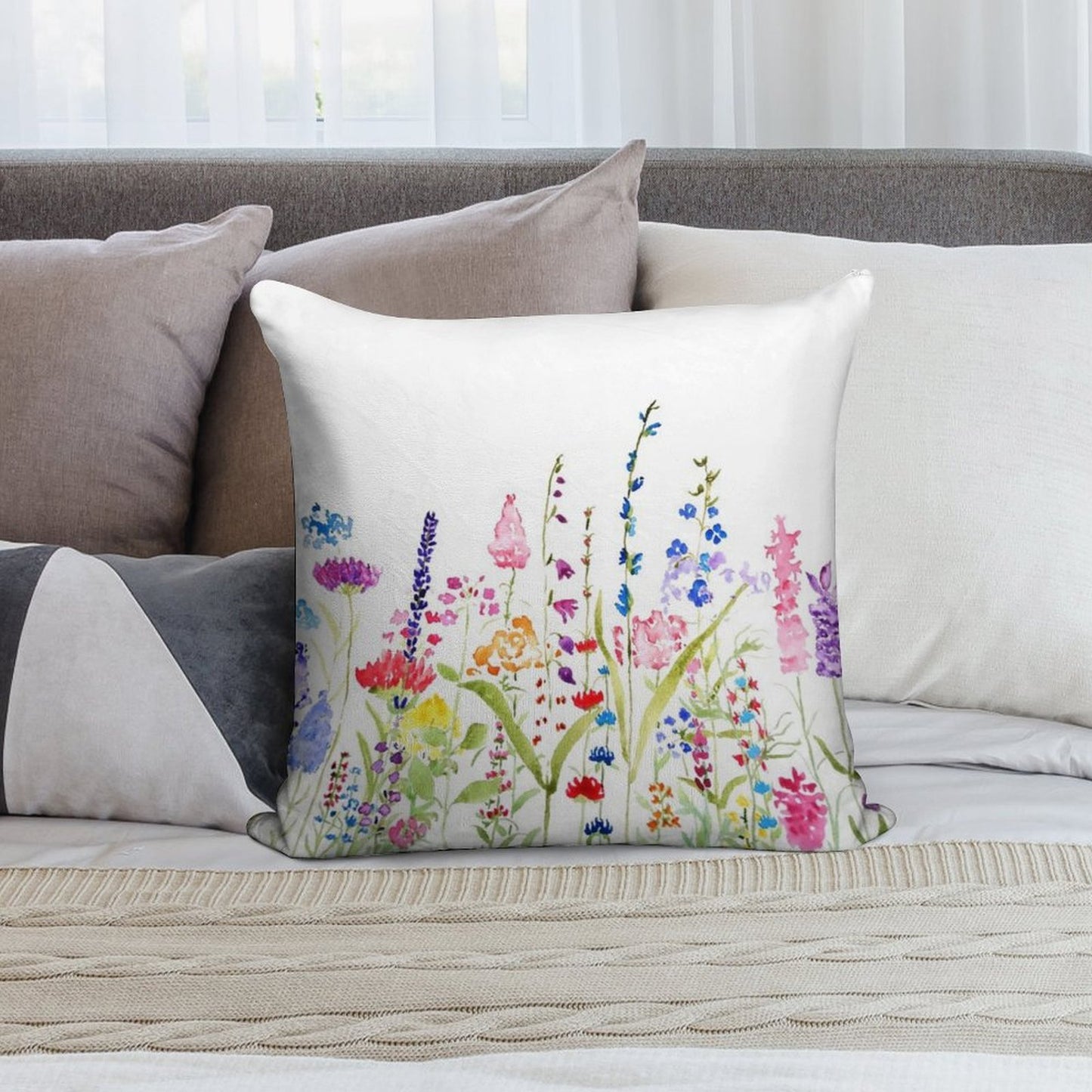 Hand Painted Colorful Wild Flower Field Soft Easy Maintenance Throw Pillow