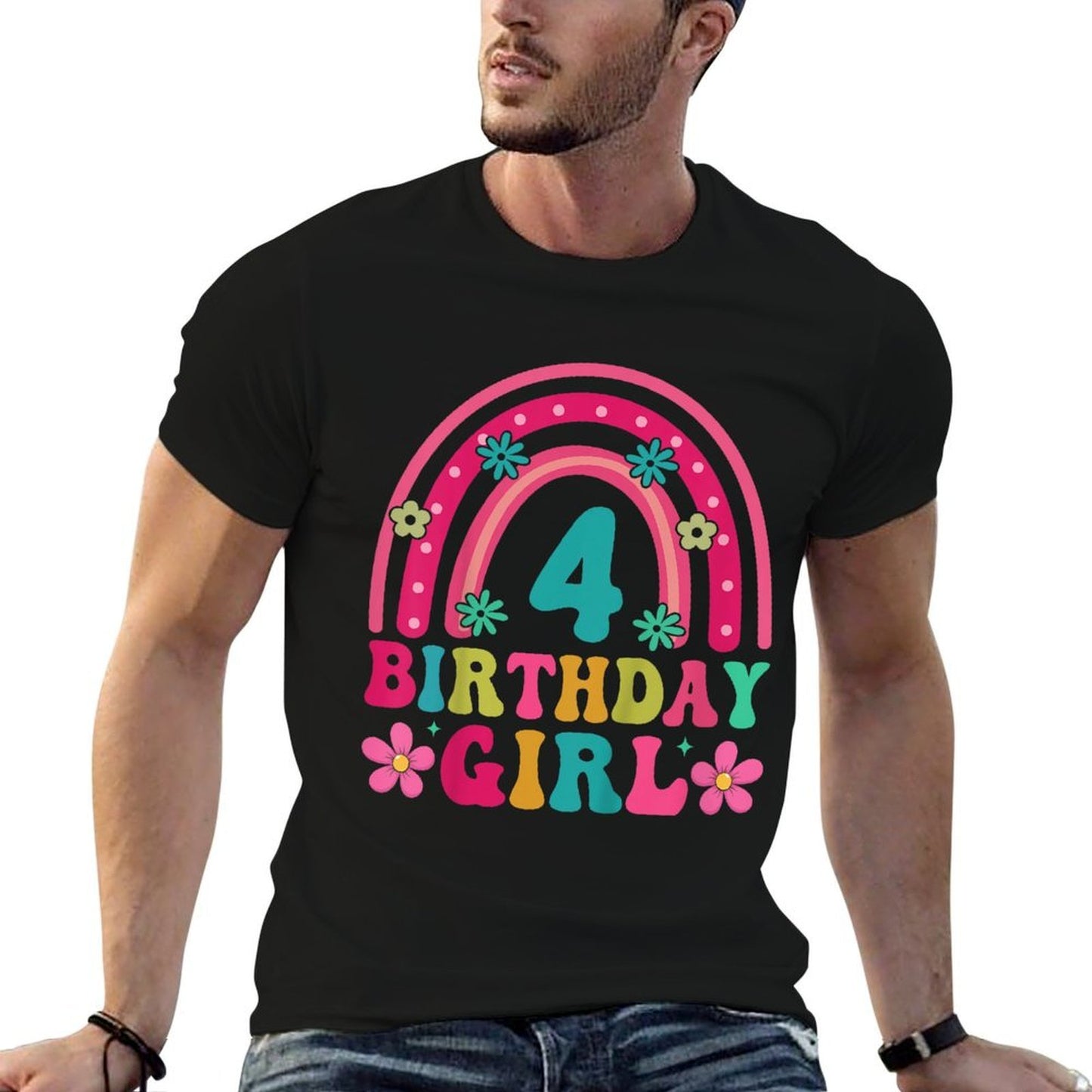Kids 4th Birthday Girl 4yr 4 Year Old Rainbow Groovy Bday  Wrinkle-resistant T-Shirt