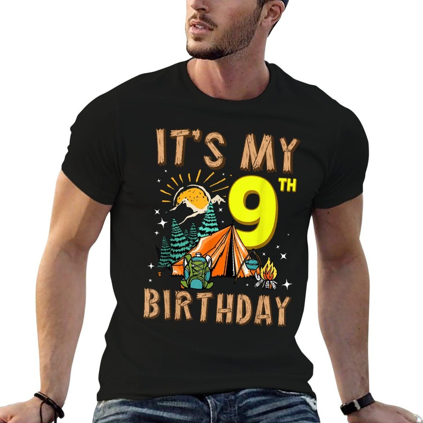 It's My 9th Birthday Camper 9 Year Old Camping Boy Girl Bday  Oversized Silhouette T-Shirt
