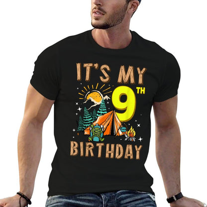 It's My 9th Birthday Camper 9 Year Old Camping Boy Girl Bday  Oversized Silhouette T-Shirt