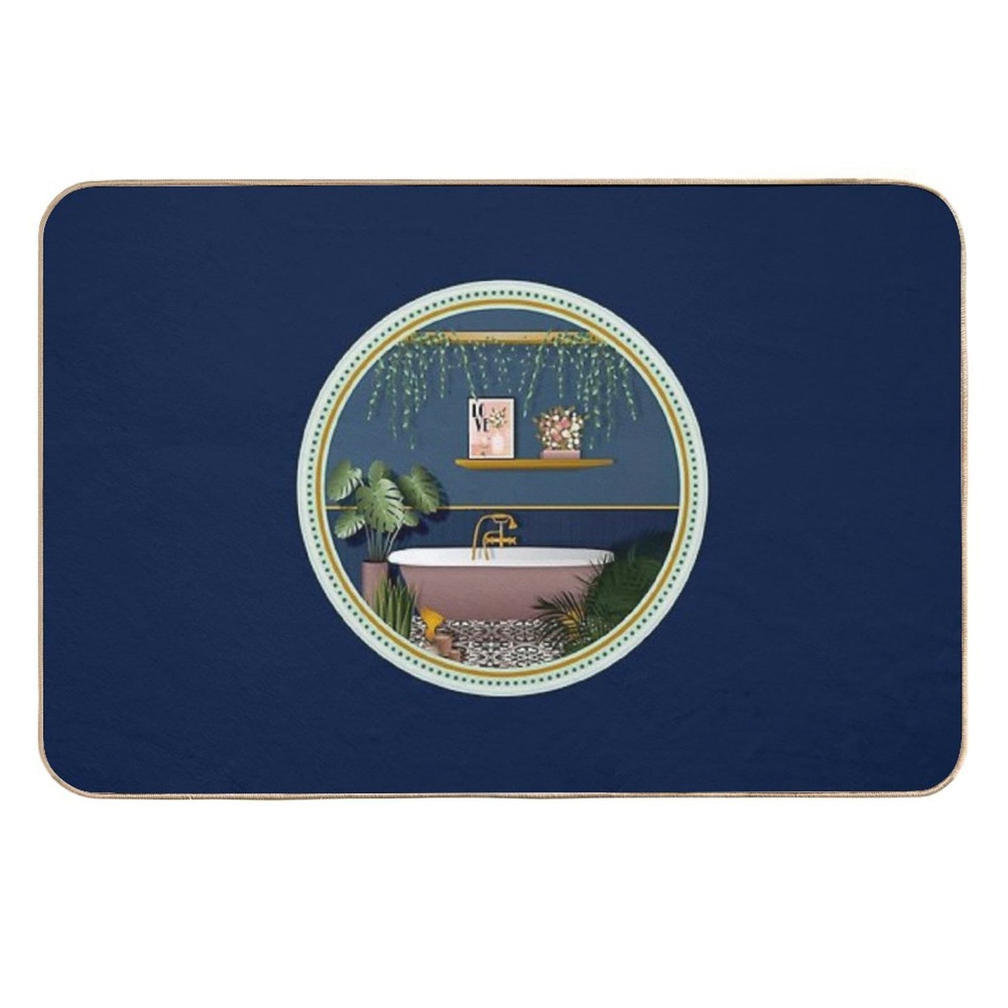 Navy Blue Romantic Victorian Bathroom  Green Botanical Plants Durable Bath Mat
