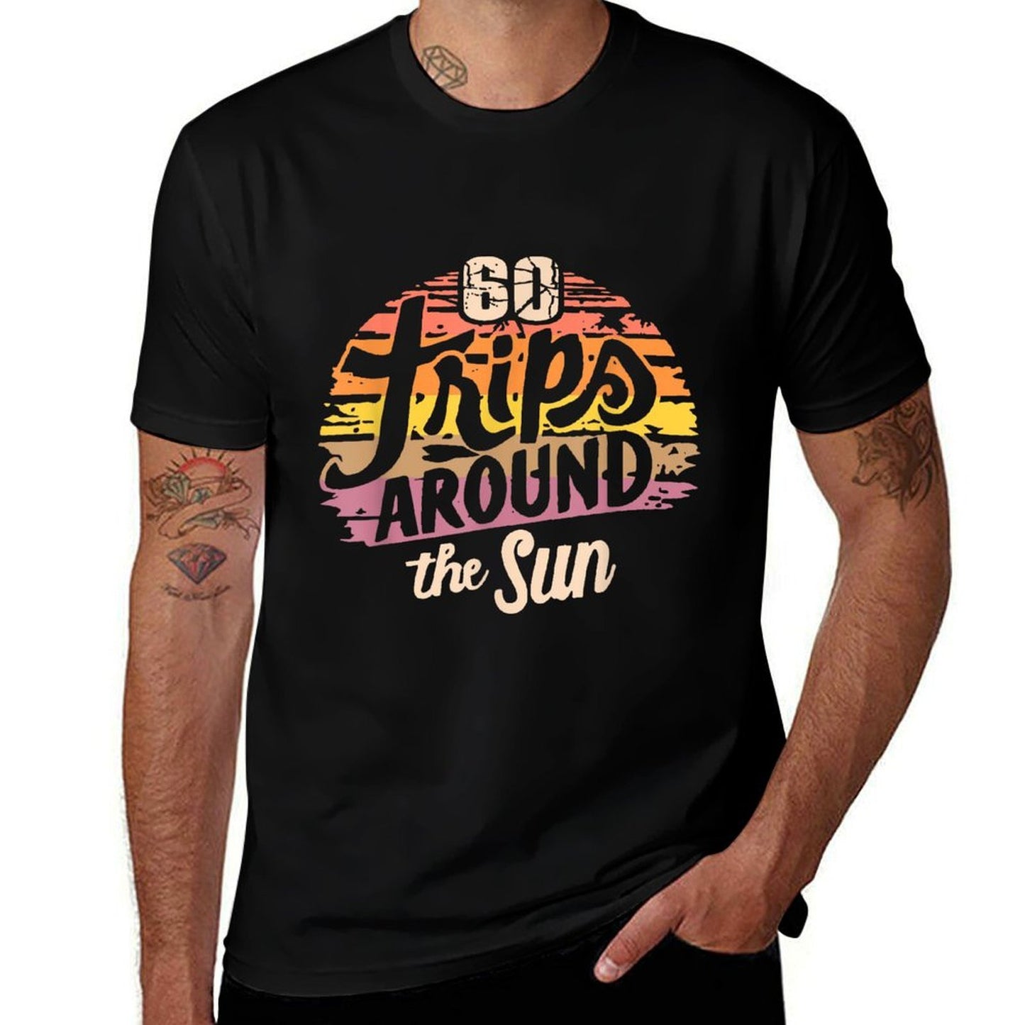 Sixty Trips Around The Sun 60 Year Old Retro 60th Birthday  High-quality Stitching T-Shirt