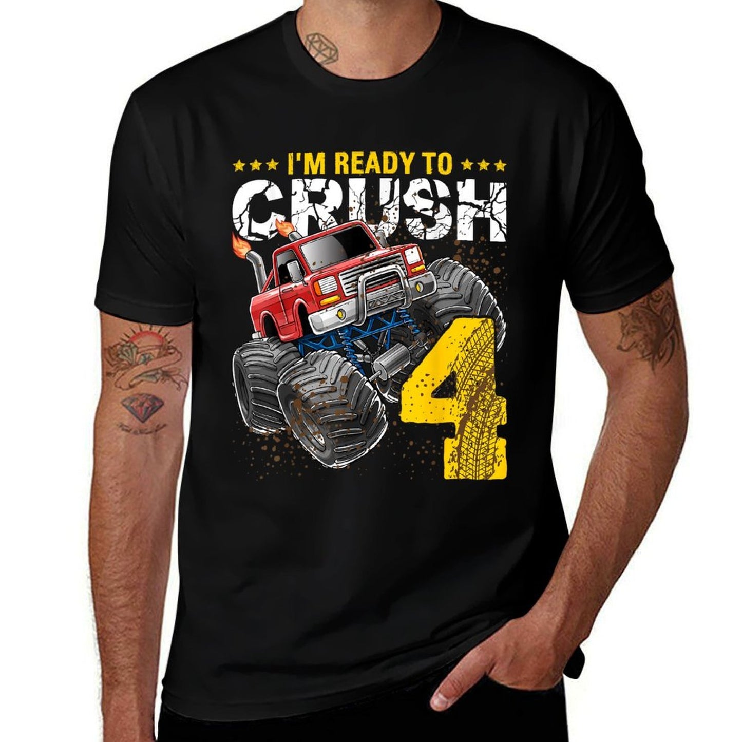 I'm Ready to Crush 4 Monster Truck 4th Birthday Gift Boys  Rolled Sleeves T-Shirt