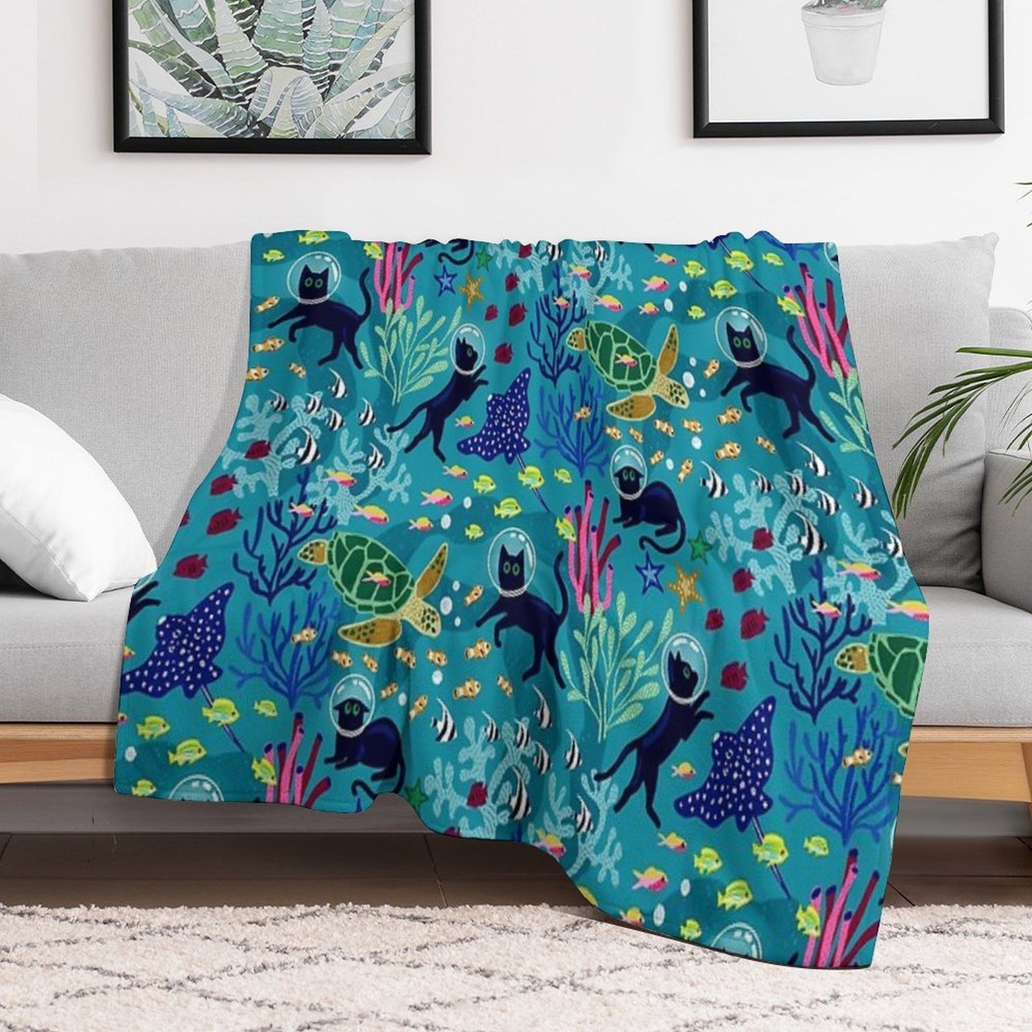 Feline Seabed Exploration Eco-conscious Throw Blanket