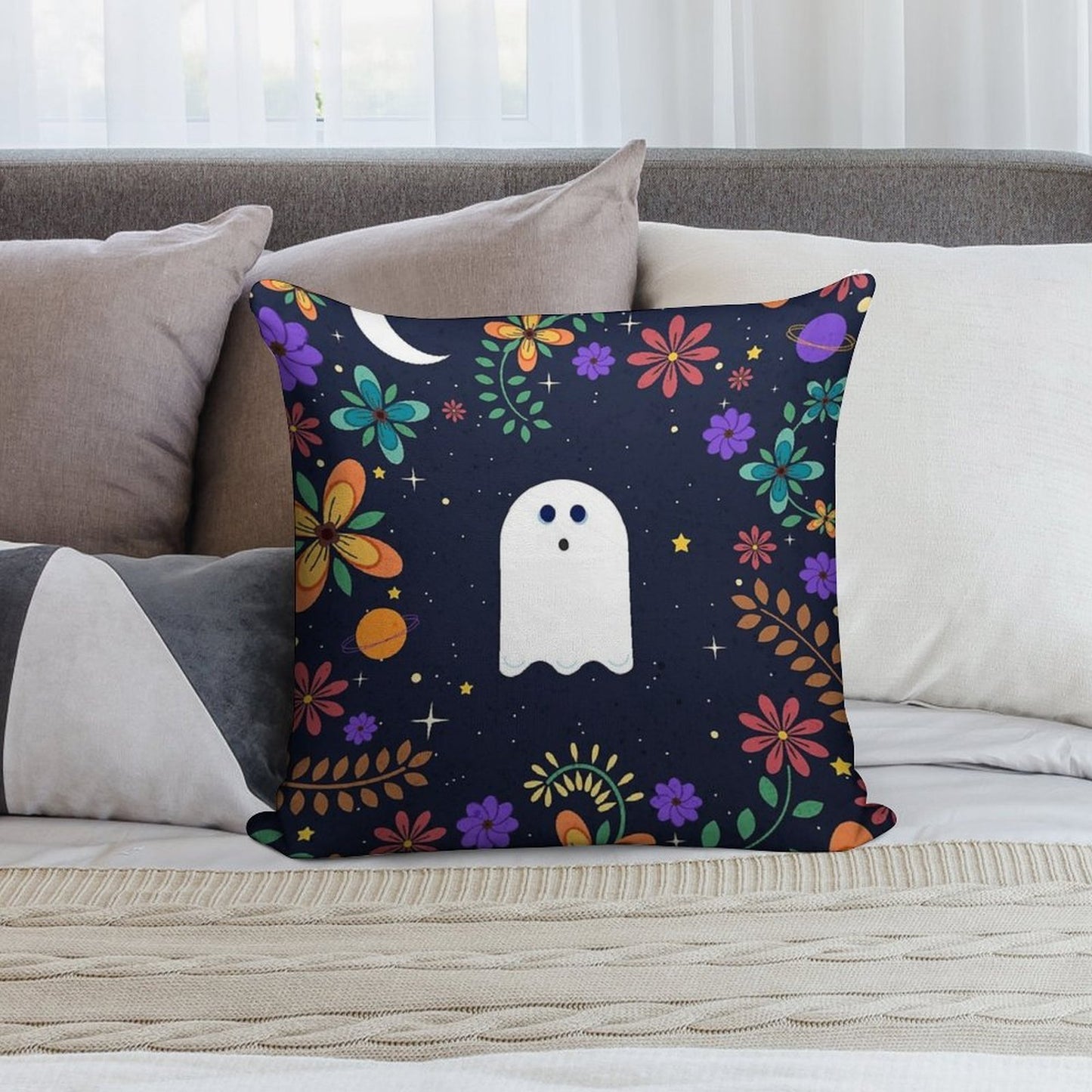 Spoopy Cute Ghost. Halloween Decor. Cute Ghost Dia De Los Muertos. Orange All Hallows Eve Floral Illustration. Soft Washable Throw Pillow