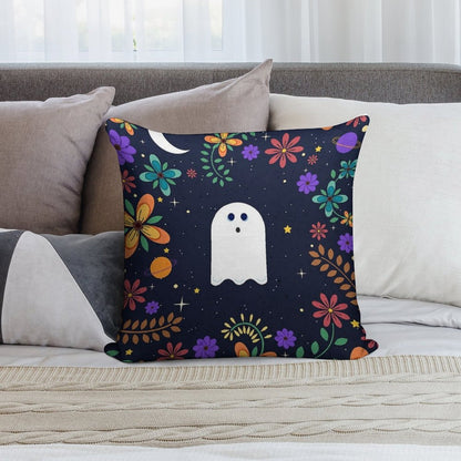Spoopy Cute Ghost. Halloween Decor. Cute Ghost Dia De Los Muertos. Orange All Hallows Eve Floral Illustration. Soft Washable Throw Pillow