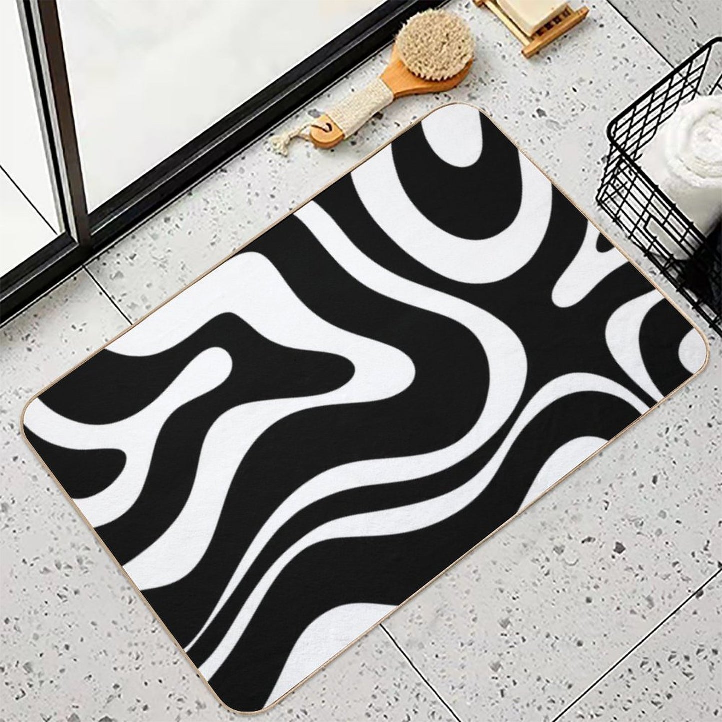 Retro Modern Liquid Swirl Abstract Pattern Square in Black And White  Easy Maintenance Bath Mat