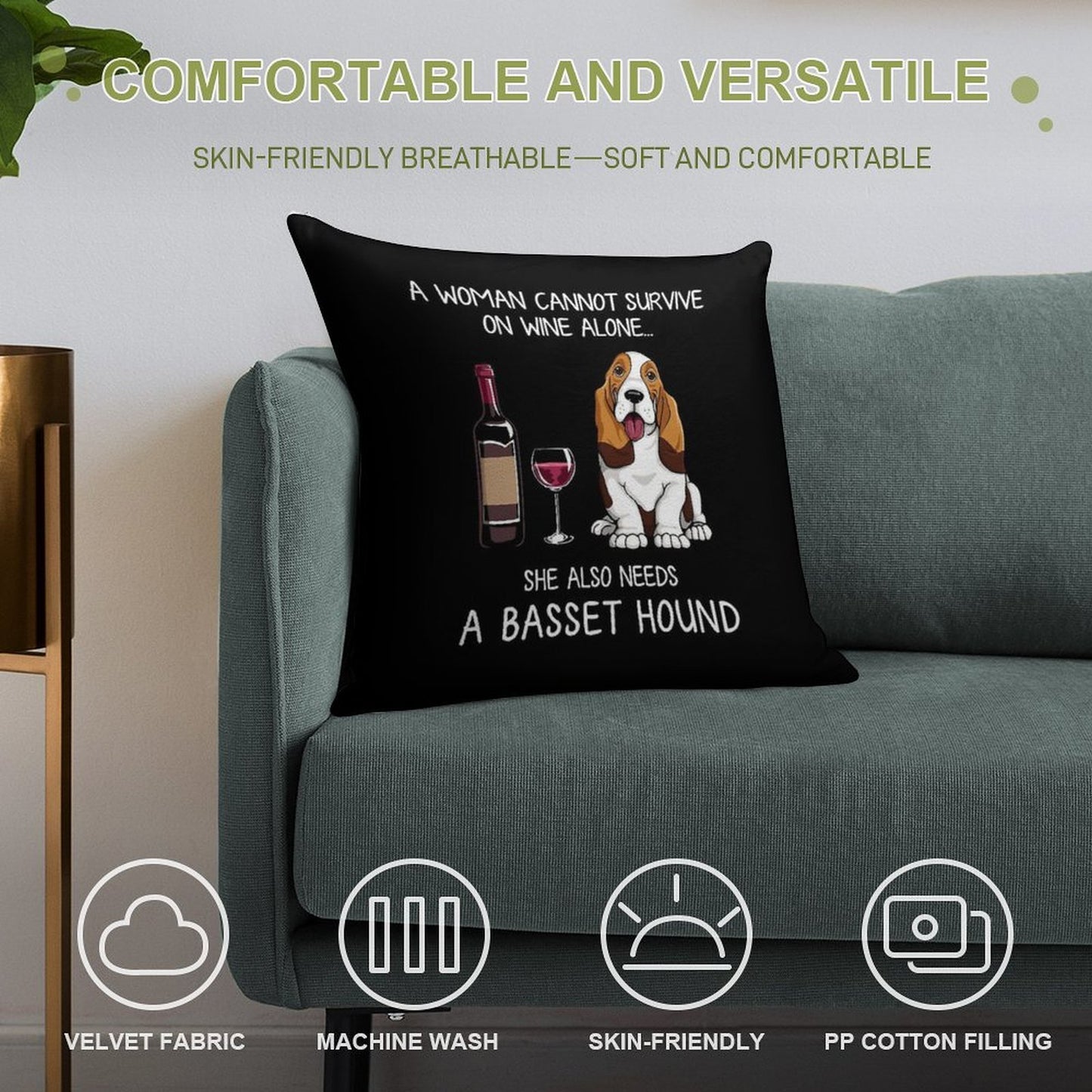 Basset Hound And Wine Funny Dog Soft Easy Maintenance Throw Pillow