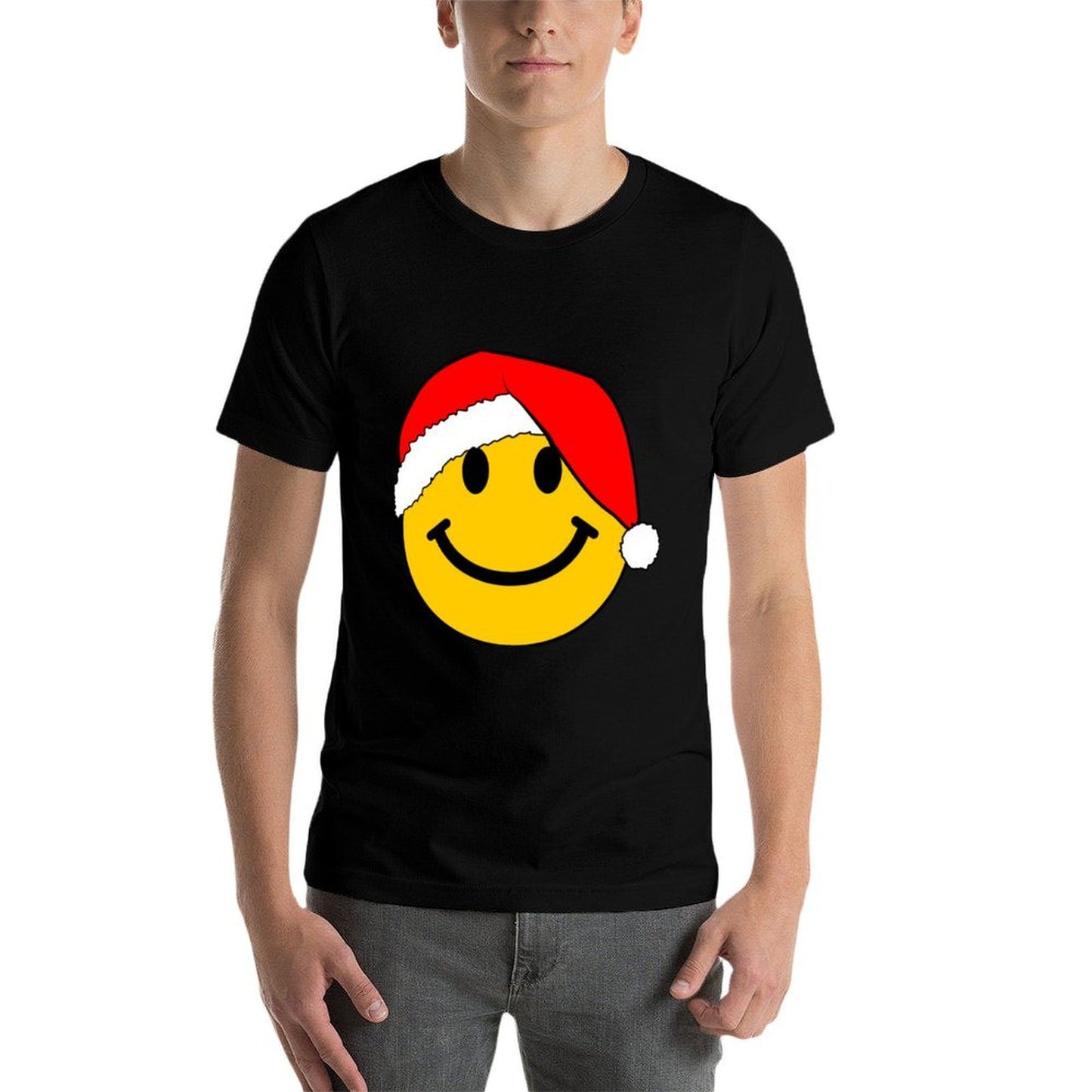 Happy Face with Christmas Santa Hat Long Sleeve Tshirt  High-quality Stitching T-Shirt