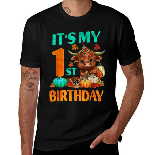 Its My 1st Birthday Boy 1 Yrs Old Highland Cow Print  Trendy Pattern T-Shirt