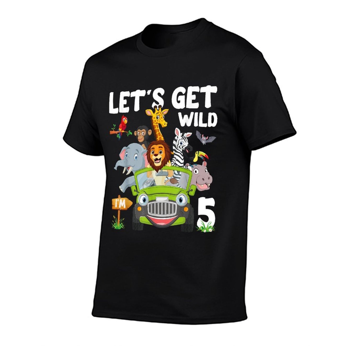 Safari Jungle Animal Let's Get Wild I'm 5 Year Old Birthday  Ribbed Collar T-Shirt