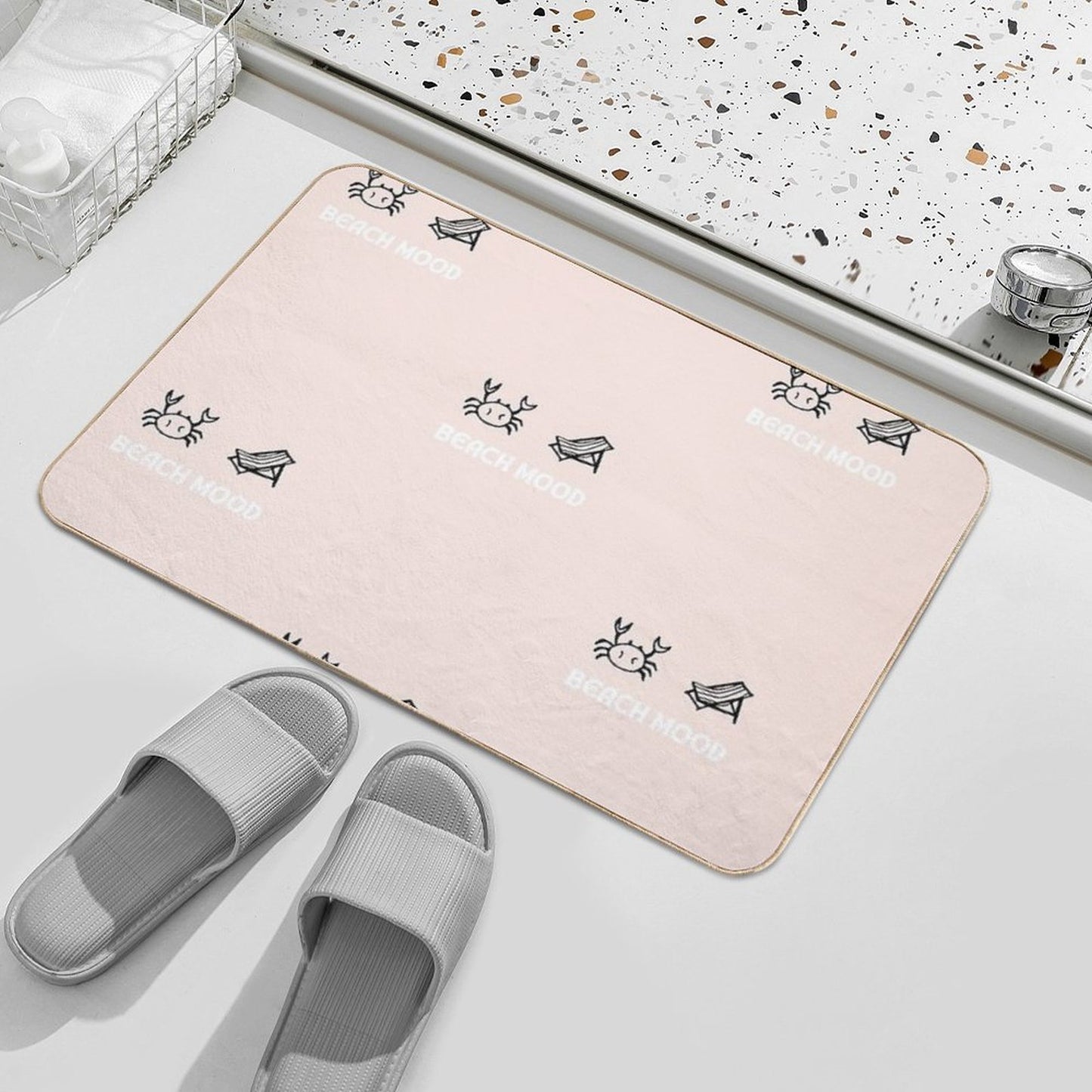 Beach Mood  Crab And Beach Lounge Chair Illustration  Pastel Pink Background  Absorbent Bath Mat
