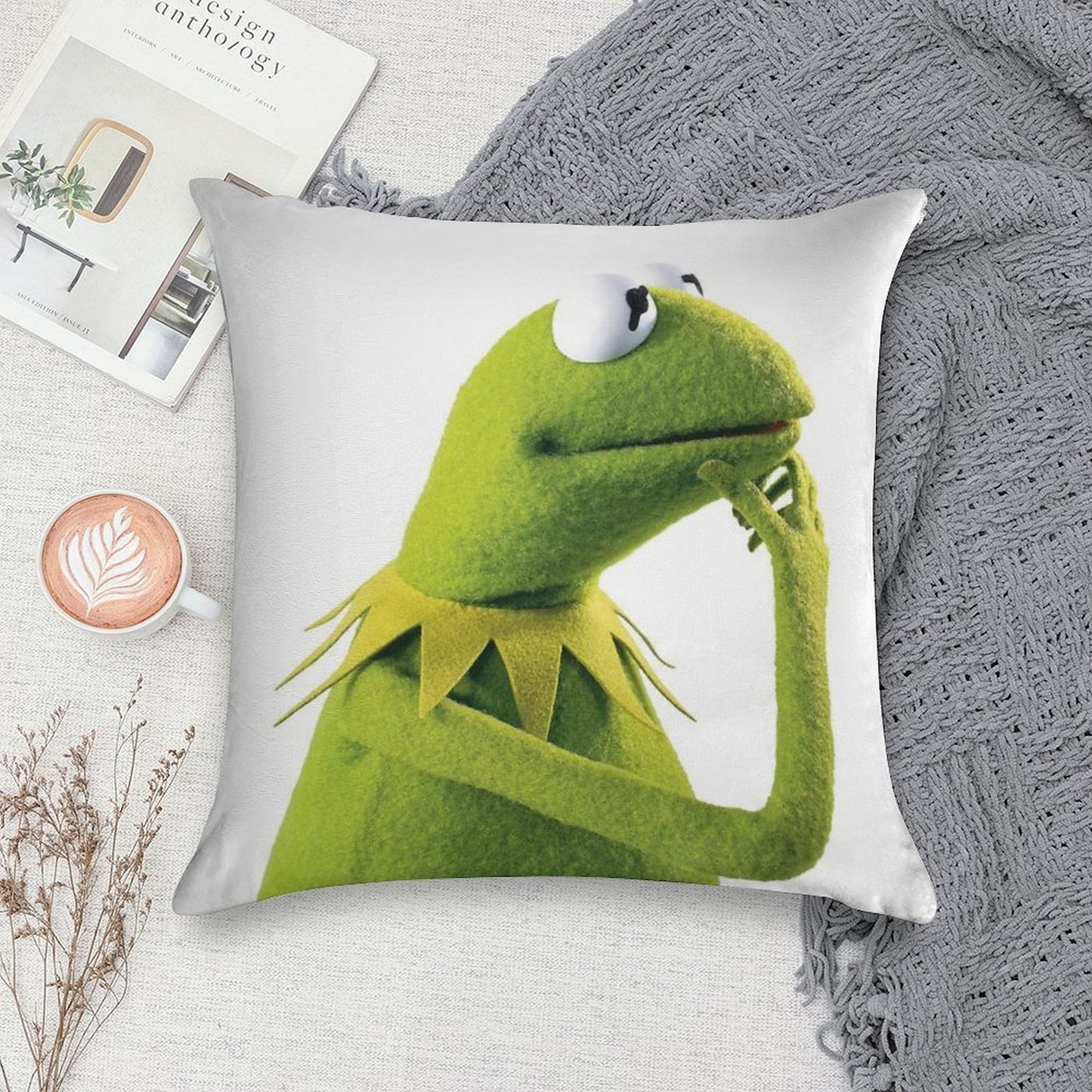 Kermit Contemplating, An Aesthetic Soft Reinforced Edging Throw Pillow