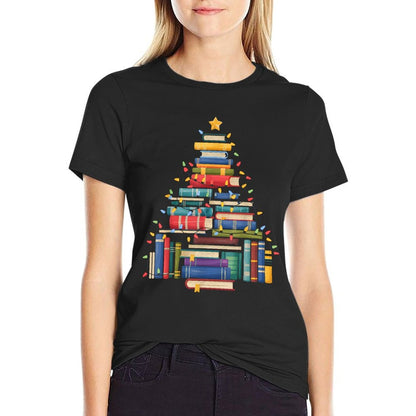 Funny Christmas Tree Made of Books Librarian Reader Holiday  Fade-proof Color T-Shirt
