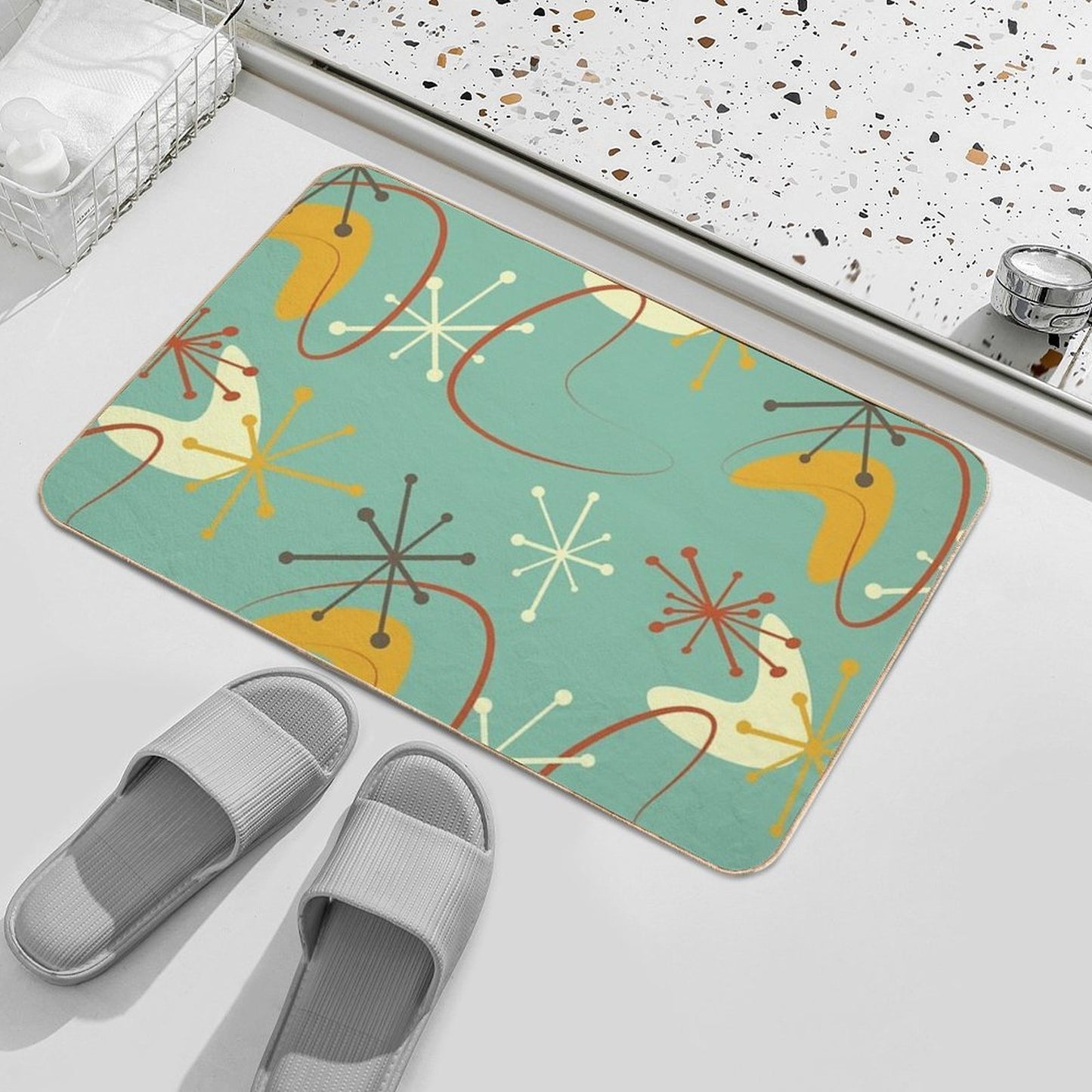 Vintage Retro 1950s Atomic Starburst Boomerangs  Green Harvest Gold Rust  Repositionable Bath Mat