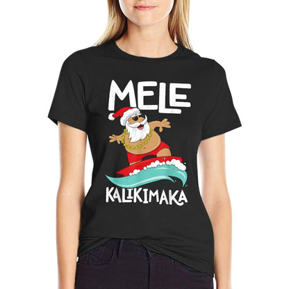 Mele Kalikimaka Hawaiian Christmas Hawaii Surfing Santa Black  High-quality Stitching T-Shirt