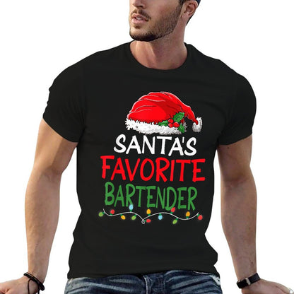 Santas Favorite Bartender Christmas Santa Claus Tree Lights  High-quality Stitching T-Shirt