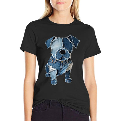 Dog Pattern Denim Patchwork Art  Fade-proof Color T-Shirt