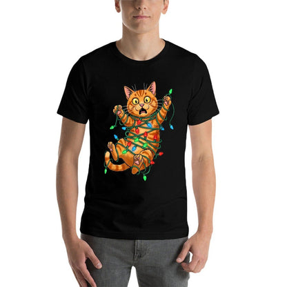 Funny Orange Cat Christmas Light Catmus  Ribbed Collar T-Shirt