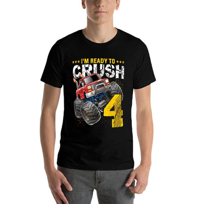 I'm Ready to Crush 4 Monster Truck 4th Birthday Gift Boys  Rolled Sleeves T-Shirt