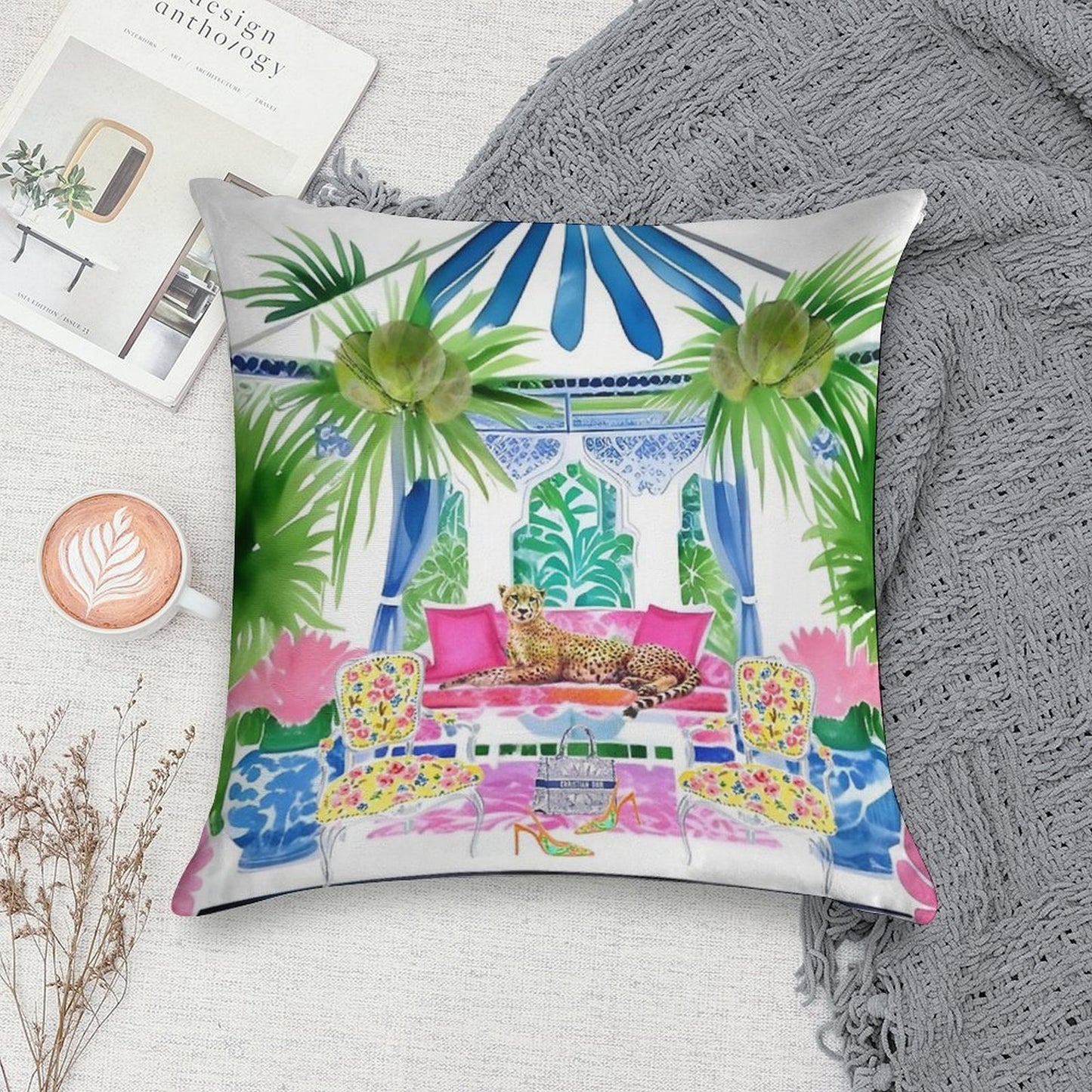 Preppy Cheetah in Stripy Blue Cabana Soft Reinforced Edging Throw Pillow