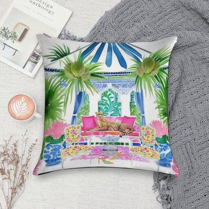 Preppy Cheetah in Stripy Blue Cabana Soft Reinforced Edging Throw Pillow