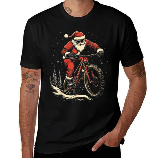 Santa Claus Riding Mountain Bike Christmas Funny MTB Biker  Tagless Design T-Shirt