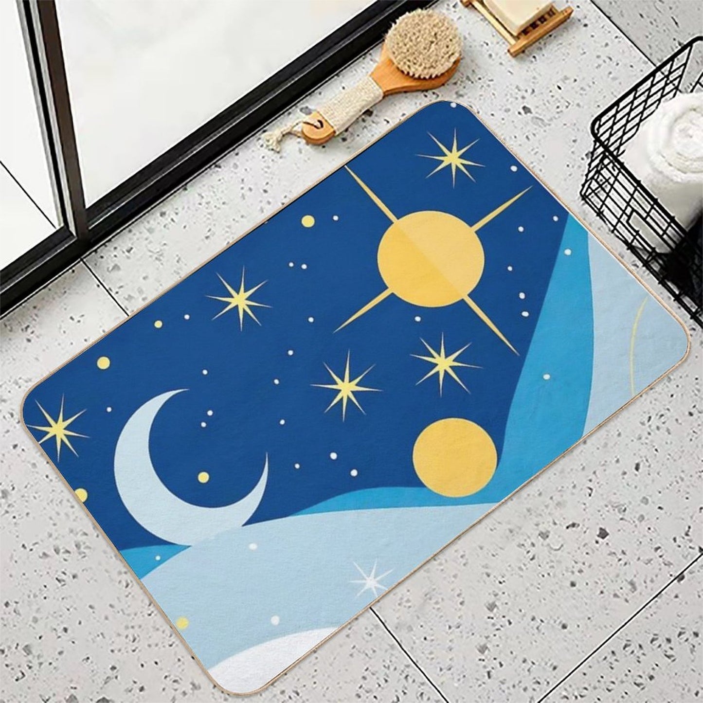 Abstract Horoscope Blue Sky Design with Stars, Moons And Suns in Deferent Shapes And Colors .  Easy To Clean Bath Mat