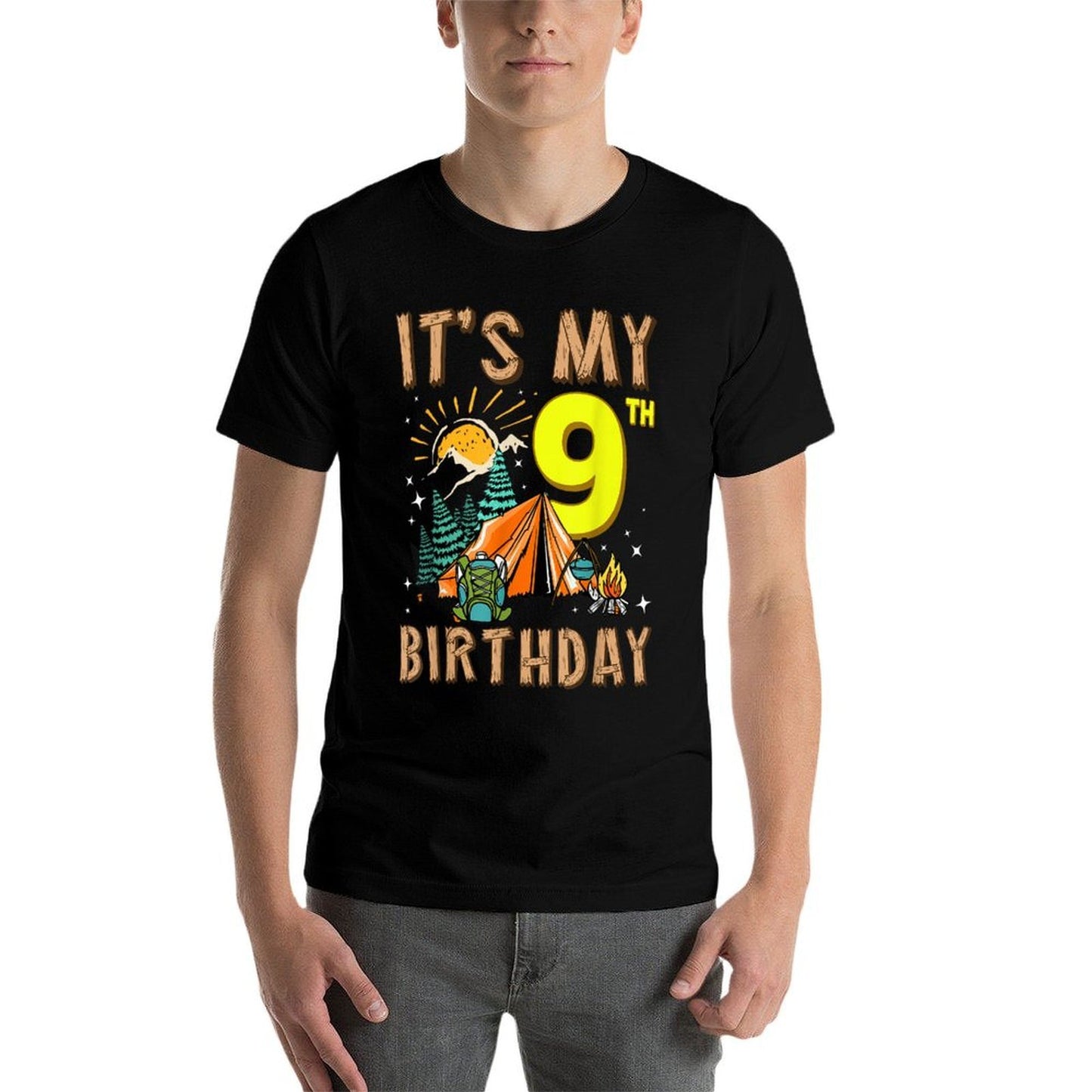 It's My 9th Birthday Camper 9 Year Old Camping Boy Girl Bday  Oversized Silhouette T-Shirt