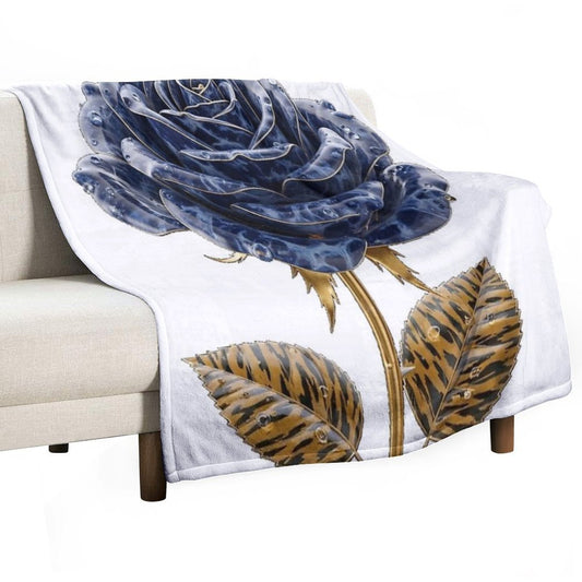 Blue Lapis Lazuli Rose with Golden Tiger Leaves Travel-friendly Throw Blanket