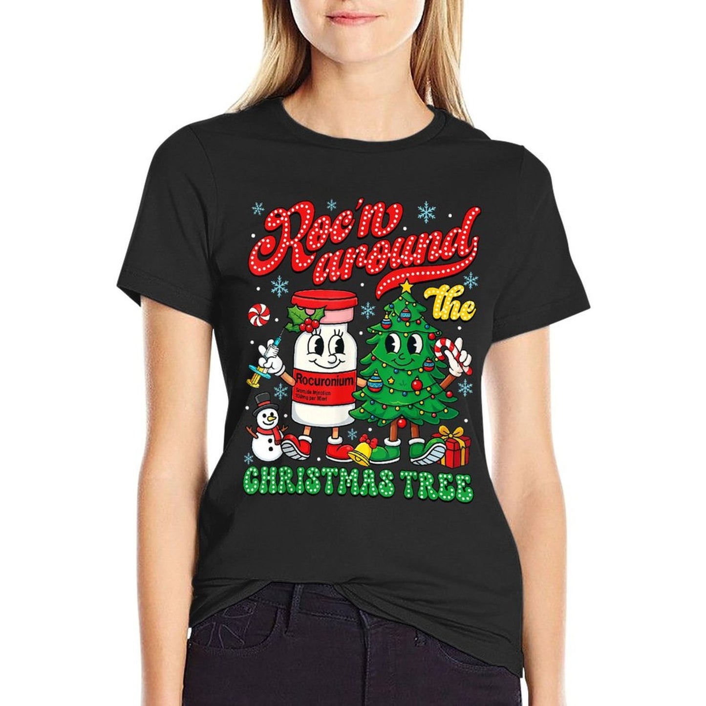 Rocn Around The Christmas Tree ER ED ICU Nurse Christmas  Stretchy T-Shirt