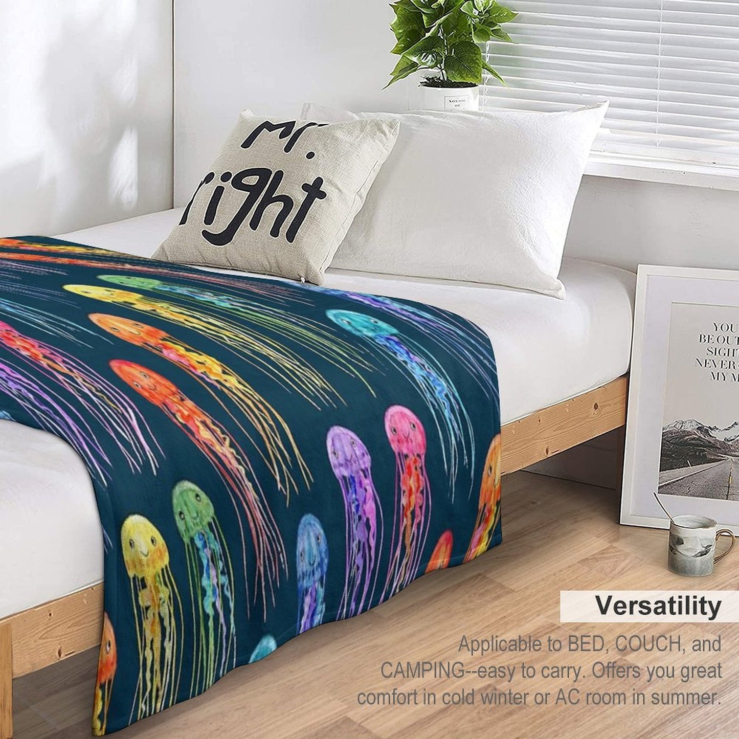 Rainbow Watercolor Jellies on Dark Teal Velvety-soft Throw Blanket