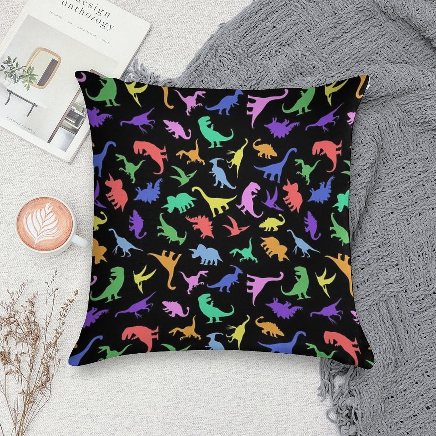 Fun Dinosaur Pattern (Black Background) Soft Durable Construction Throw Pillow