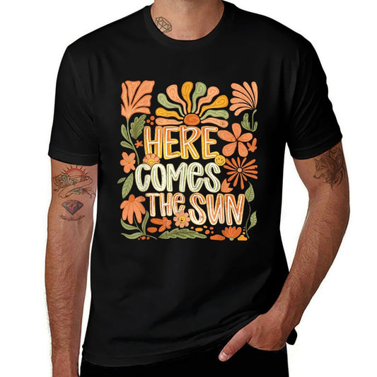 Here Comes Summer The Sun Boho Floral Motivational Quote  Rolled Sleeves T-Shirt