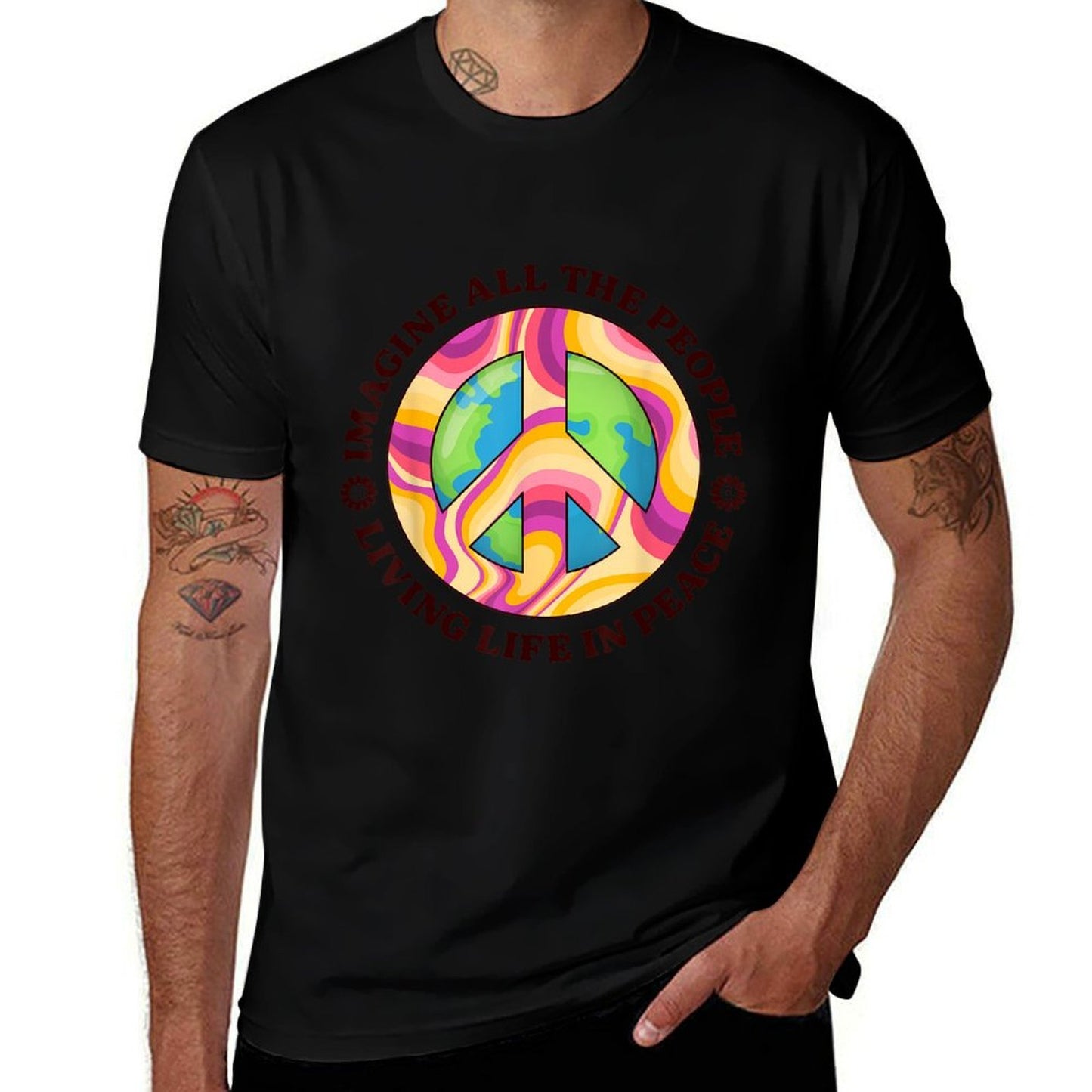 Hippie Imagine Living Life In Peace Sign Retro 70s Sunflower  High-quality Stitching T-Shirt