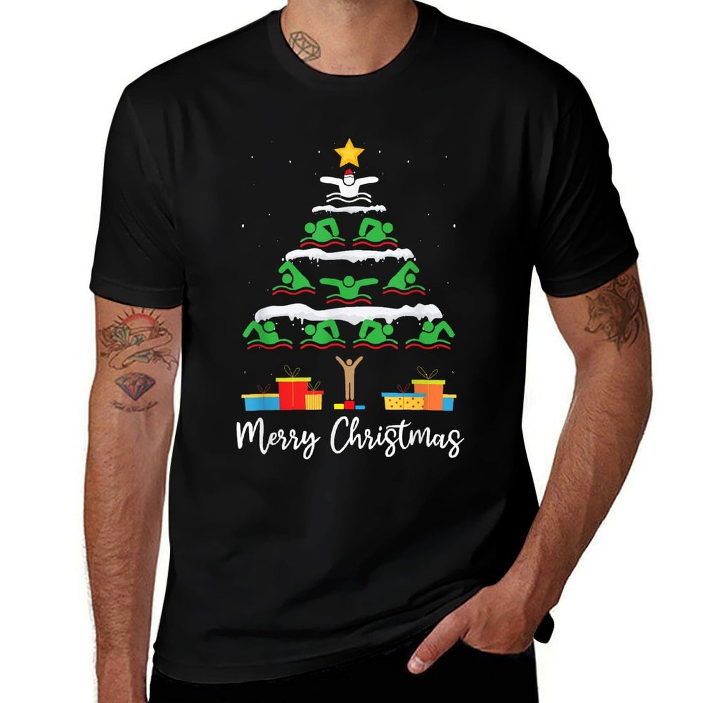 Merry Christmas Santa Christmas Tree Swiming Lover Swimmer  Tagless Design T-Shirt