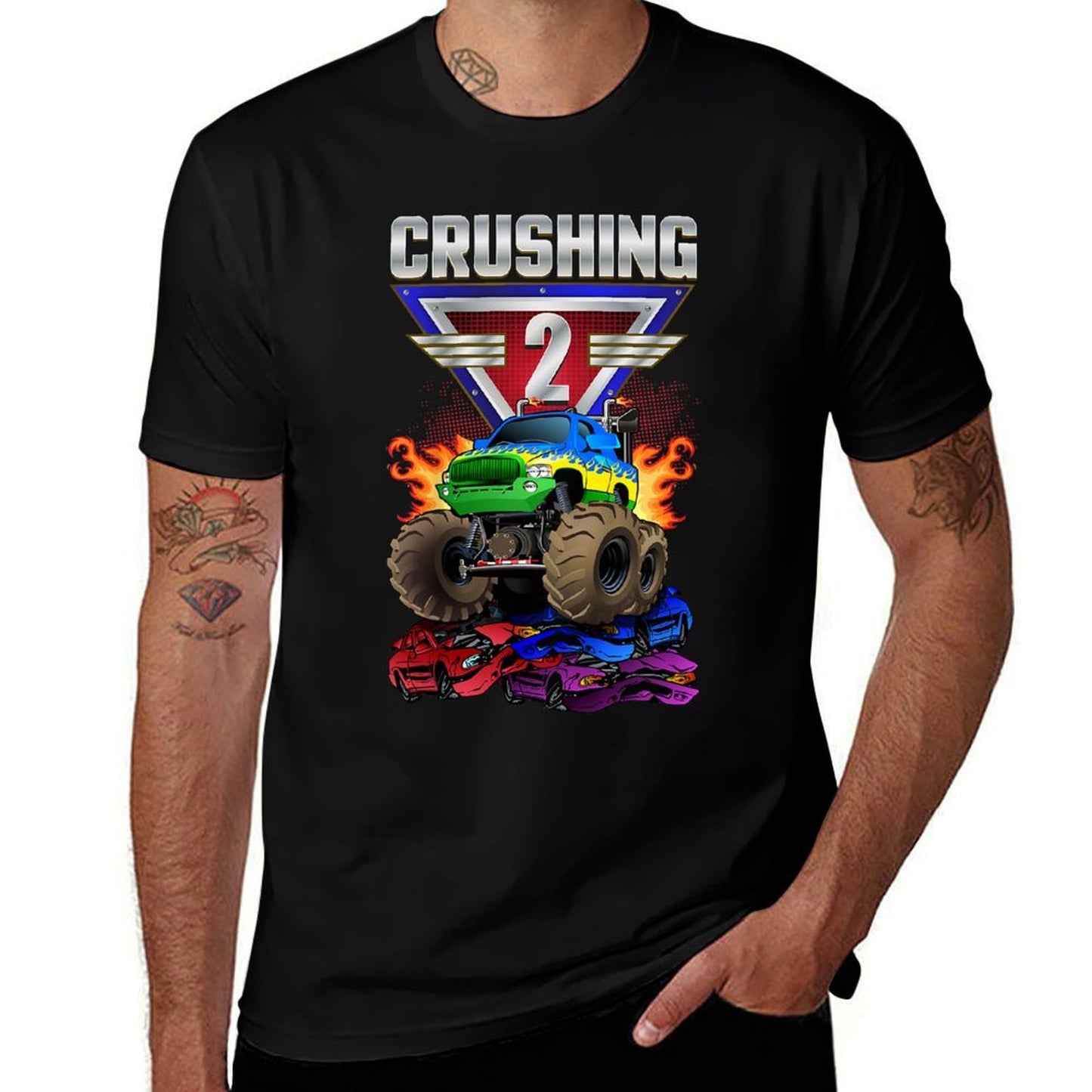 Kids Monster Trucks Crushing 2 Boys 2nd Birthday Two Year Old  Summer-ready Fabric T-Shirt